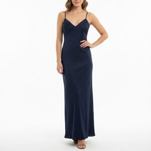 New Halston Navy Blue V Neck Maxi Slip Dress Sz 0